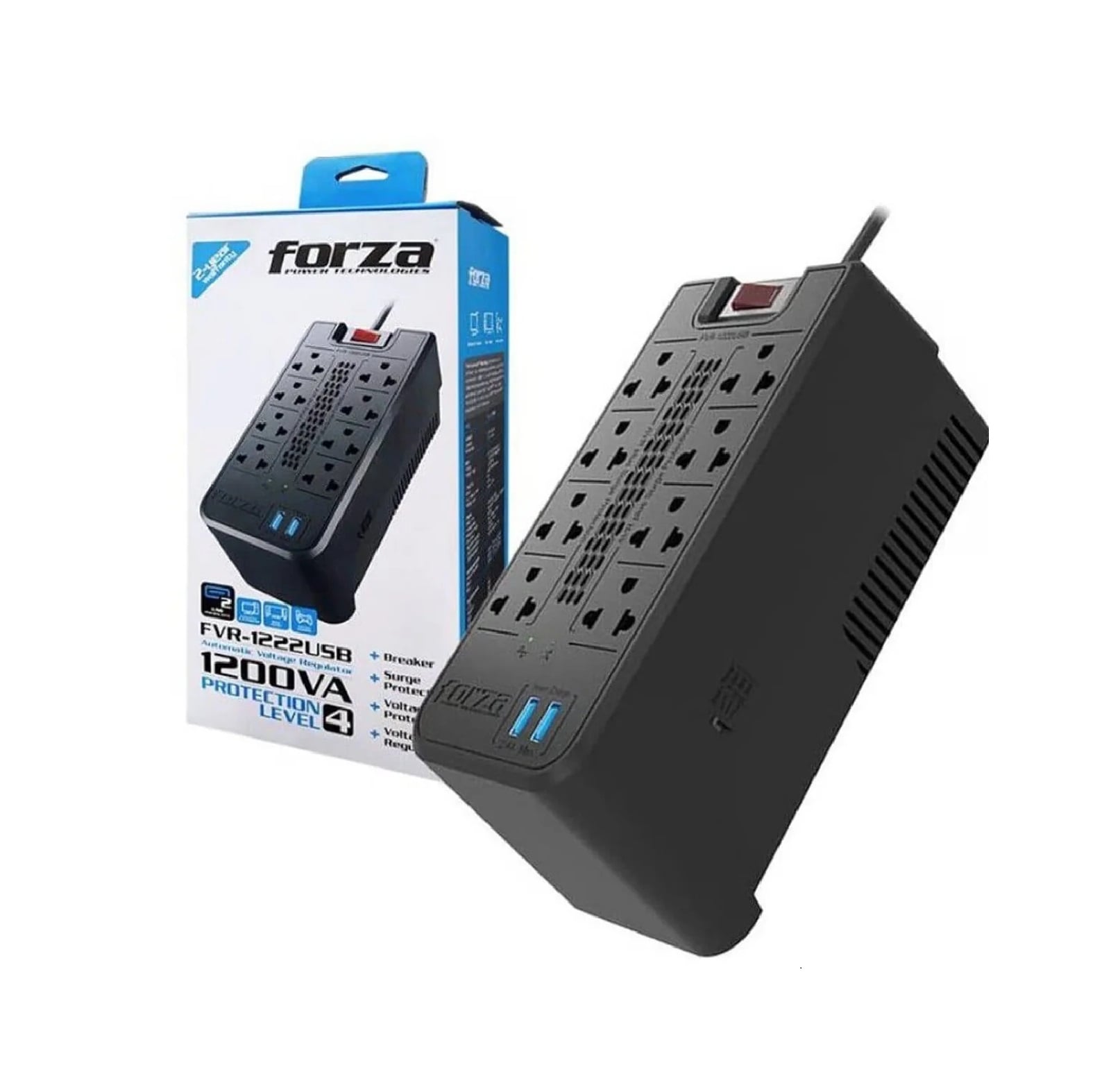 Estabilizador de Voltaje Forza FVR-1222USB 1200VA / 600W 8 Tomas y 2 USB
